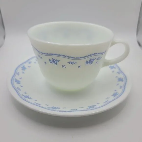 Pyrex Corelle By Corning Blue Flower Teacup Saucer Set White‎ Glass Coffee - Picture 6 of 15